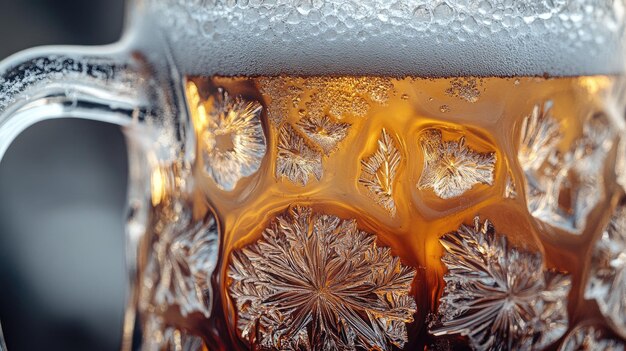 Photo closeup of a crystallized beer mug with frothy head