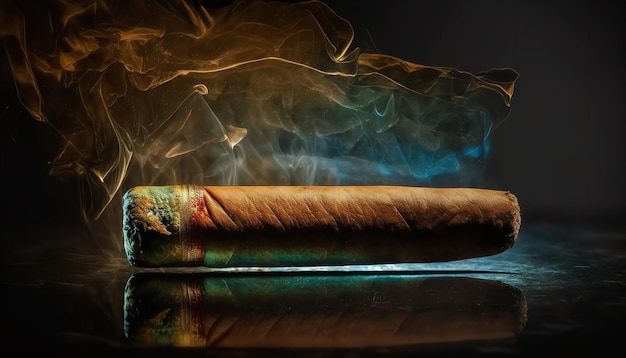 A closeup of a Cuban cigar with smoke atmospheric lighting and a background Generative Ai