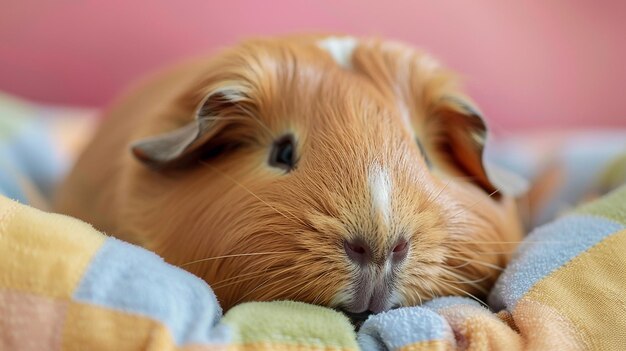 Photo closeup of cuddly guinea pig snoozing in a cozy bed