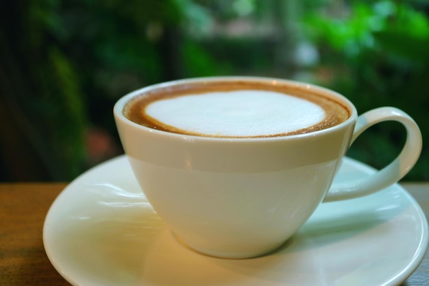 Closeup a Cup of Caffe Latte with Blurry Green Plants in Background