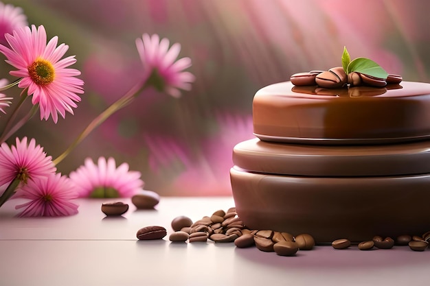 Closeup of a cup of chocolate and caramel cake saucer on the table with pink peonies