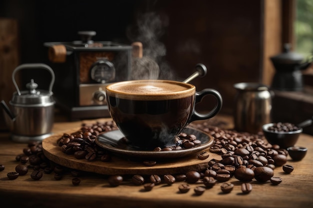 Closeup of a cup of hot fresh coffee beans on an atmospheric vintage dark background