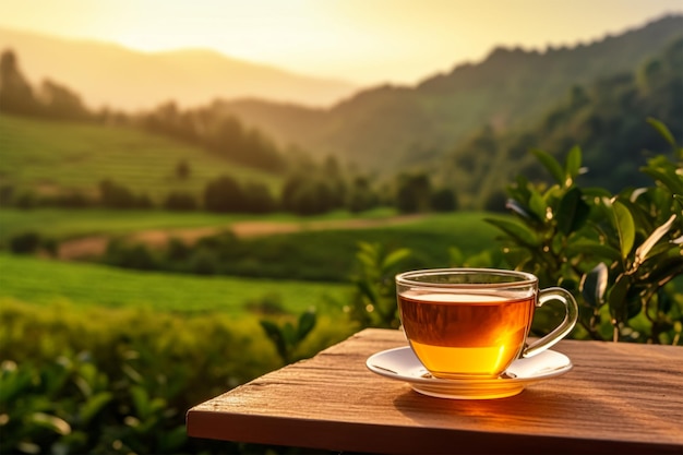 closeup cup of hot tea and tea leaf on the wooden table and the tea plantations background