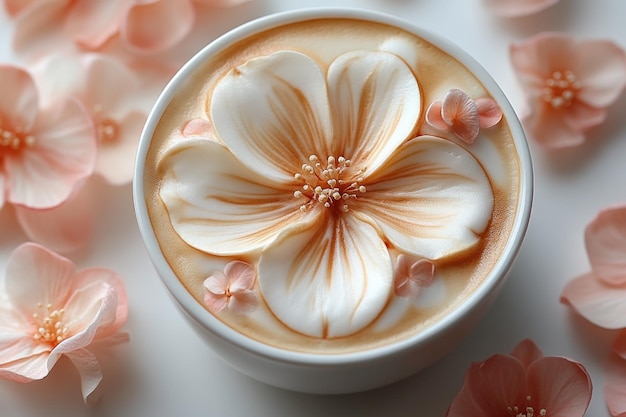 Photo closeup of a cup of latte art with a flower design and pink flower petals surrounding it