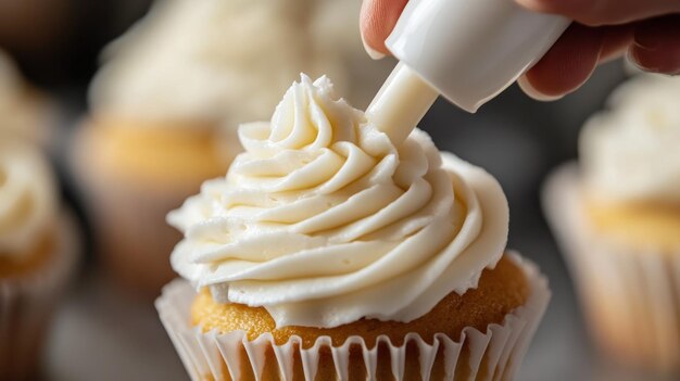 Closeup of a Cupcake Being Decorated with White Frosting