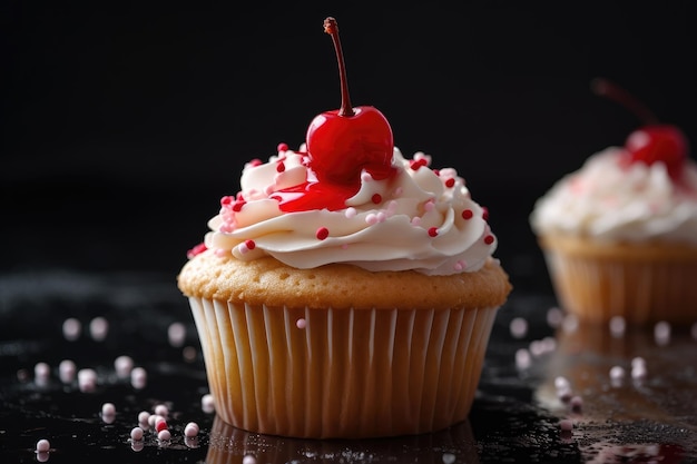 Closeup of cupcake with sprinkles and cherry on top created with generative ai