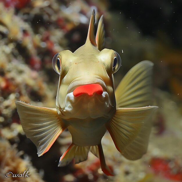 Photo closeup of a curious fish with red lips and striking eyes