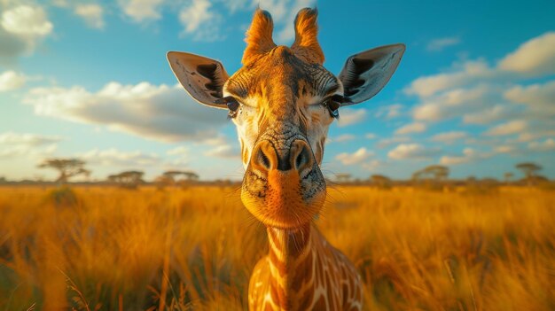 Closeup of a curious giraffe in the savannah generative ai