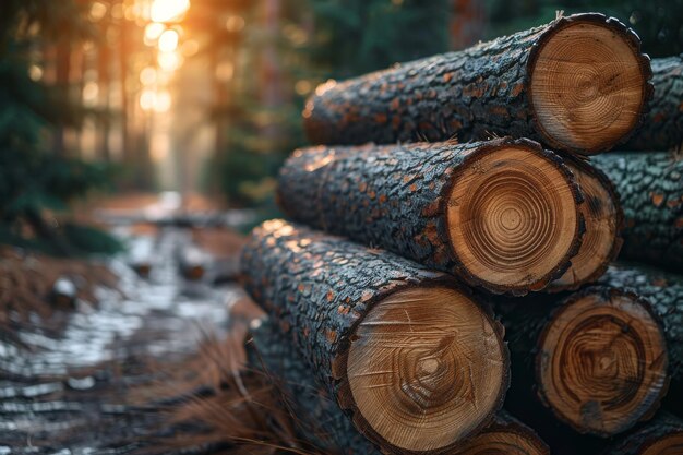 closeup of cut down tree logs in the forest problem of deforestation