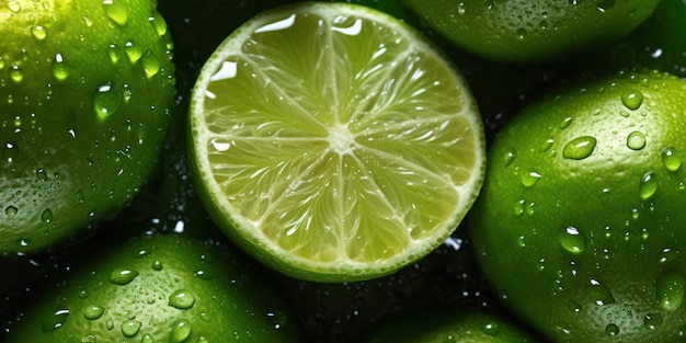 Closeup of Cut Lime and Whole Limes with Water Drops Generative AI