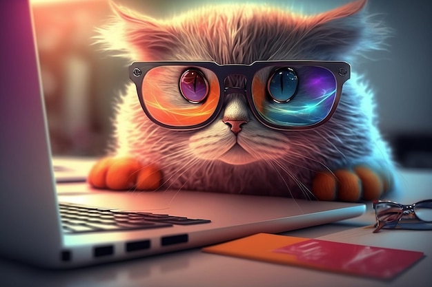 Closeup of a cute cat with glasses at a desk with a laptop Generative AI