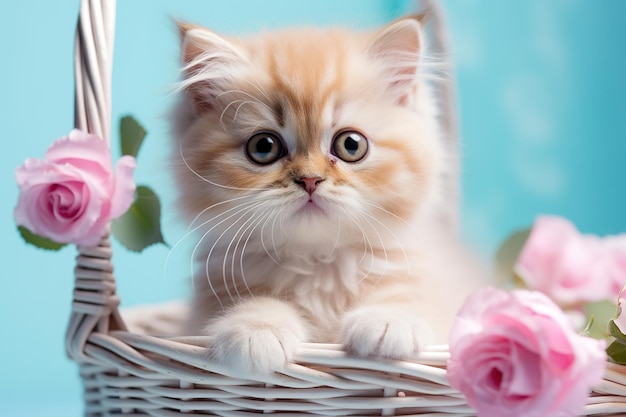 closeup cute gray little cat sitting on a wicker basket with pink flowers on a blue background