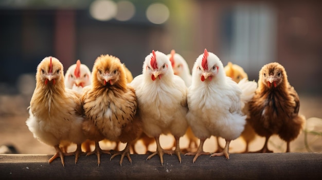 Closeup of cute growing colorful chickens in a barn