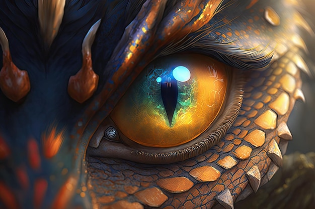 Closeup of cute little dragons eyes with its magical powers and abilities visible