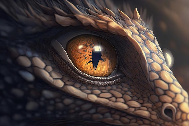 Closeup of cute little dragons eyes with its magical powers and abilities visible