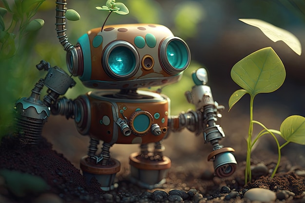 Closeup of cute robot with its mechanical parts visible watering garden