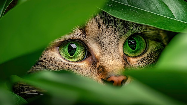 Photo closeup of a cute tabby cat with bright green eyes peeking out