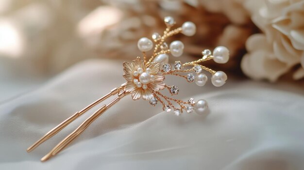 A closeup of a cute vintagestyle hairpin with small charming embellishments like pearls and gems displayed on a clean white surface