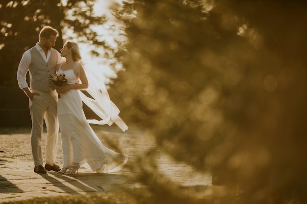 Closeup of the cute young newlywed couple walking in the park