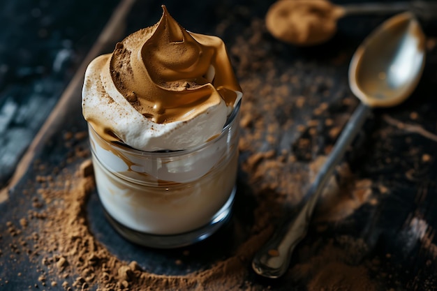 Photo closeup of a dalgona coffee drink with whipped cream and coffee powder