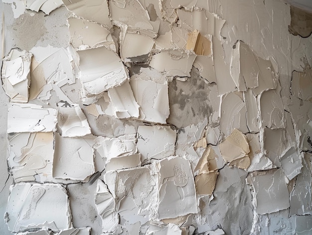 Photo closeup of damaged white wall with peeling plaster