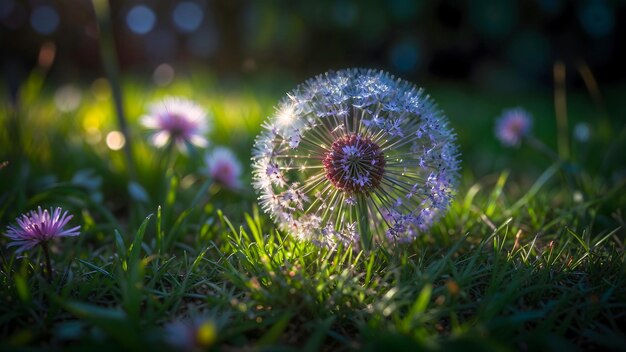 Photo closeup of a dandelion in blooming meadow