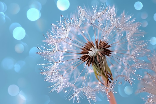 Closeup dandelion clock adorned with sparkling dewdrops stands out with a tranquil blue backdrop