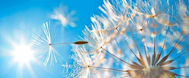 Photo a closeup of a dandelion clock against a bright blue sky with each seed poised to take flight on the gentlest of breezes