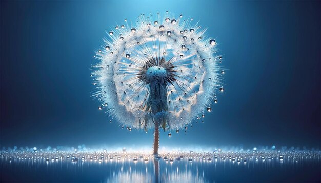 Photo closeup of dandelion clock with dewdrops against tranquil blue backdrop