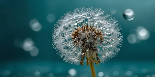 CloseUp of Dandelion with Water Droplets on Turquoise Background