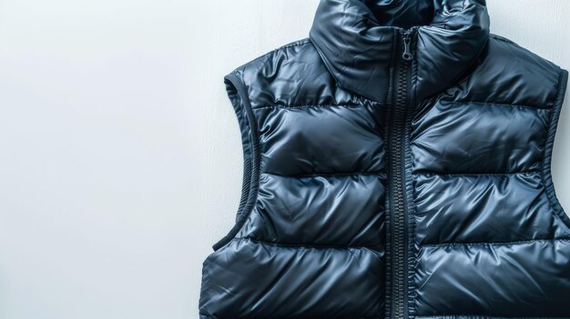 Closeup of a dark blue puffer vest with a zipper