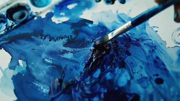 Photo a closeup of dark blue watercolors being mixed on an artist palette ready for painting