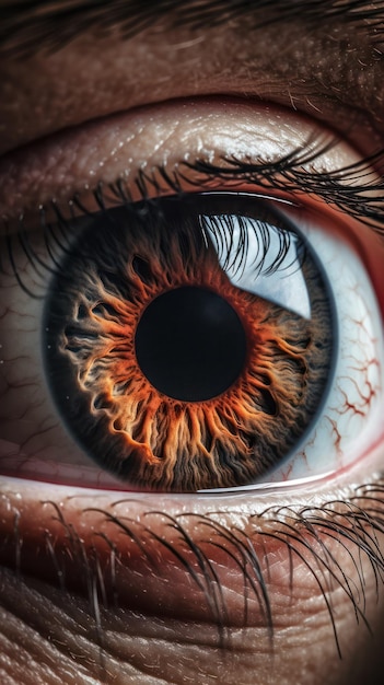 Closeup of dark brown human eye iris and pupil vertical picture ophthalmology and eye health