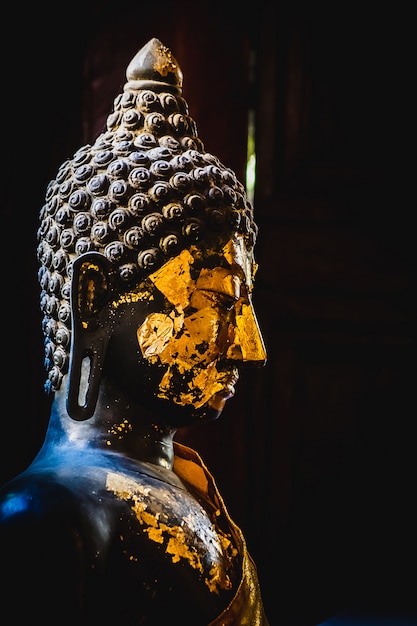 The closeup dark Buddha statue in side view with black background