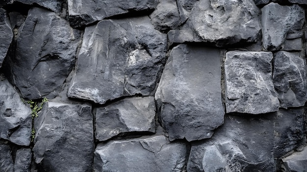 Closeup of a Dark Grey Rocky Wall with a Small Patch of Green Vegetation