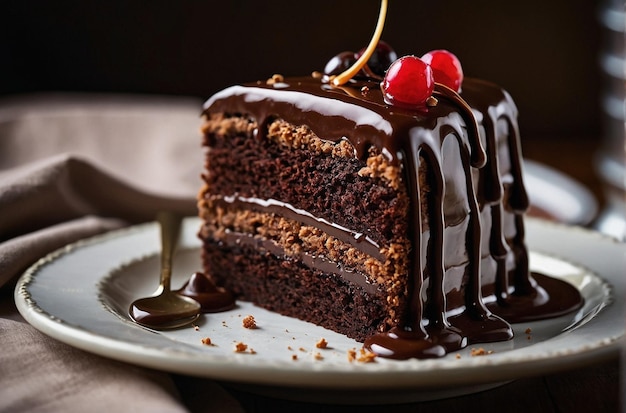 Closeup of a decadent chocolate layer cake with glossy ganache icing