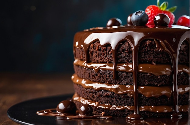 Closeup of a decadent chocolate layer cake with glossy ganache icing