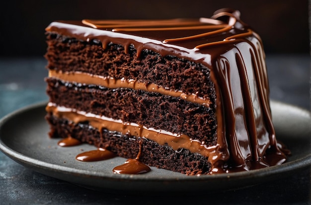 Closeup of a decadent chocolate layer cake with glossy ganache icing