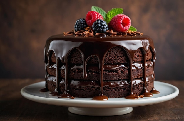 Closeup of a decadent chocolate layer cake with glossy ganache icing