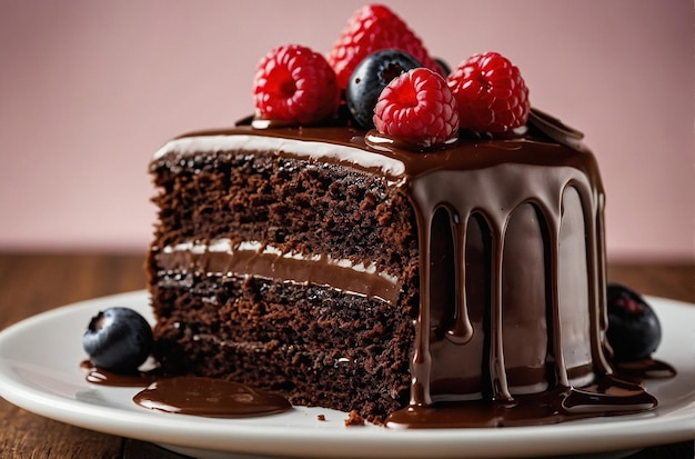 Closeup of a decadent chocolate layer cake with glossy ganache icing