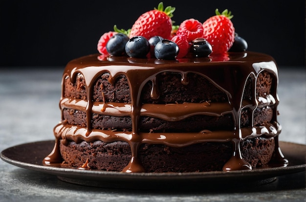 Closeup of a decadent chocolate layer cake with glossy ganache icing