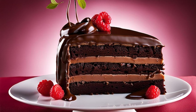 Closeup of a decadent triplelayer chocolate cake with ganache frosting