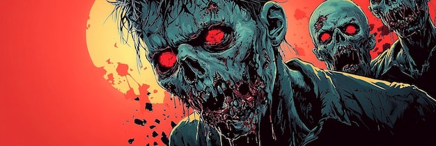 Photo closeup of decaying zombie face with red eyes