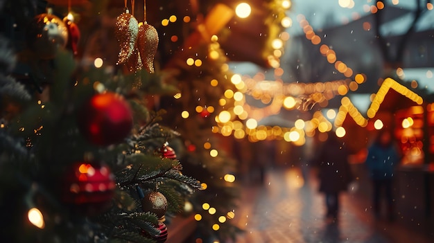 Closeup of a decorated Christmas tree with lights and ornaments with a snowy Christmas market in the background