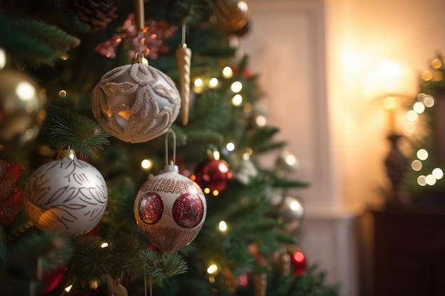 Closeup of decorated christmas tree with lights and ornaments