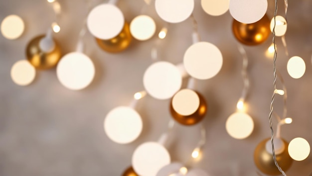 Photo closeup of decorative arrangement with white and gold circular ornaments against a blurred bokeh background featuring warm white leds for a festive elegant and cozy feel generative ai