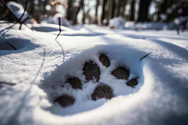 Closeup of deer hoof print in the snow created with generative ai