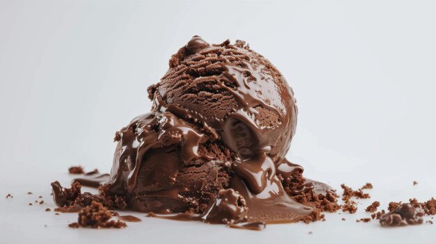 Photo closeup of a delectable melting chocolate ice cream scoop on a white surface