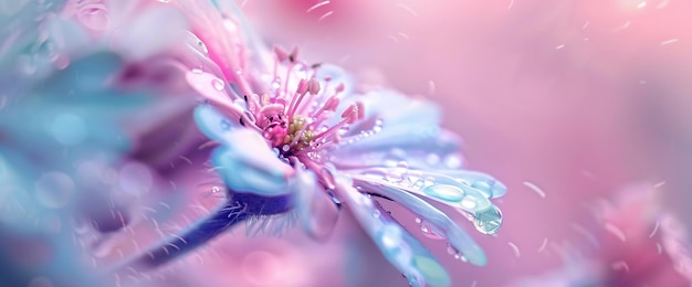 Closeup of a delicate blue flower with raindrops on the petals set against a soft pink background