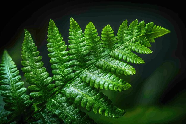 Photo closeup of delicate bright green fern frond with water droplets on dark background